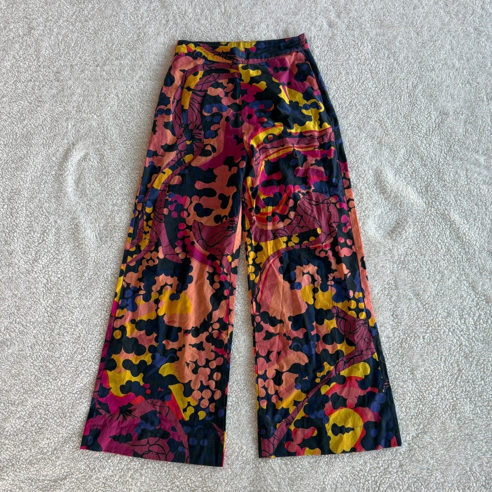 Roopa Pemmaraju Wide Leg Cotton Pants XS Pink Yellow Abstract Psychedelic‎ Print